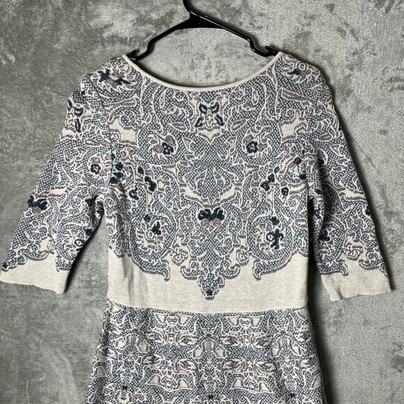 Peruvian Connection Blue Ivory Knit Dress Artisan Boho Print 3/4 Sleeve Medium - Picture 6 of 7